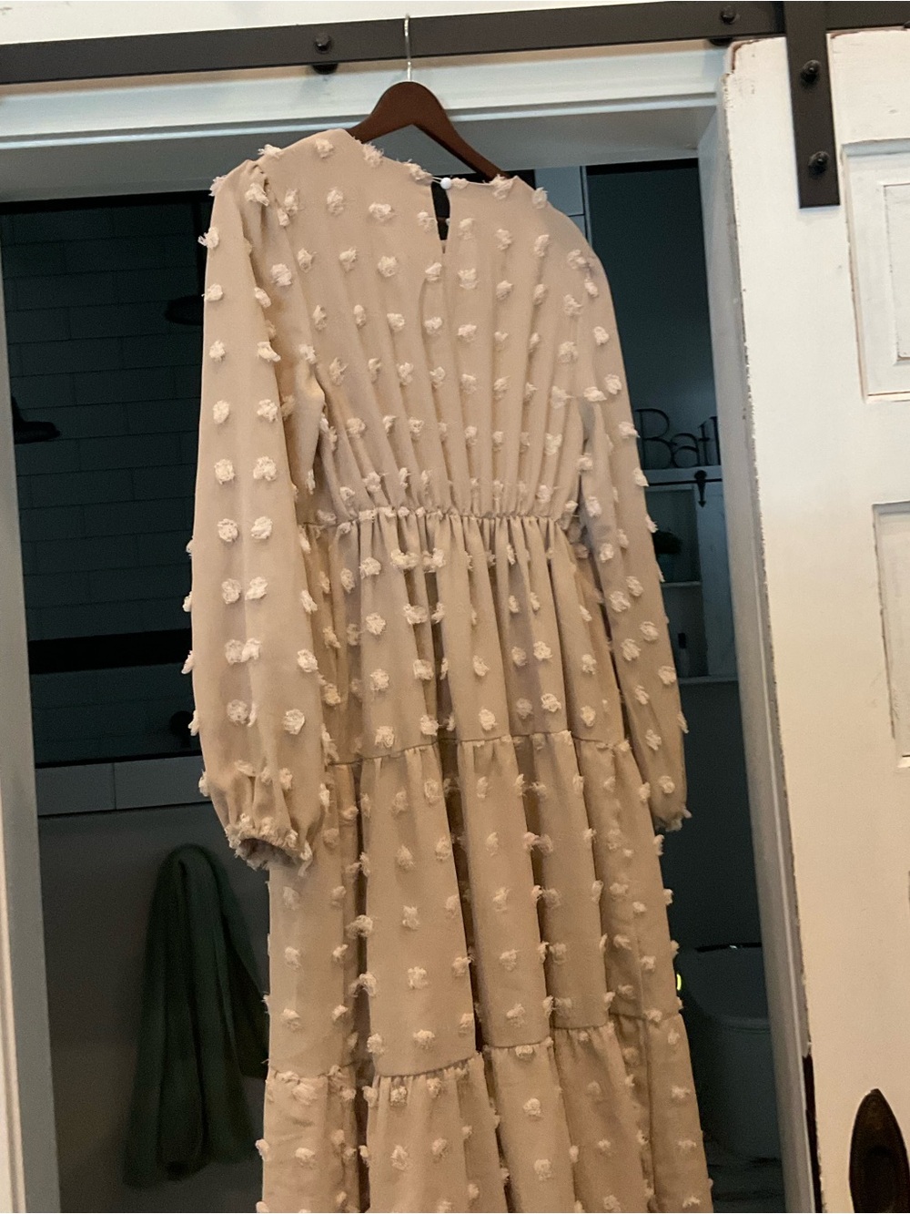 SHEIN Cream Long-Sleeve Tiered Midi Dress with Pom Embellishments